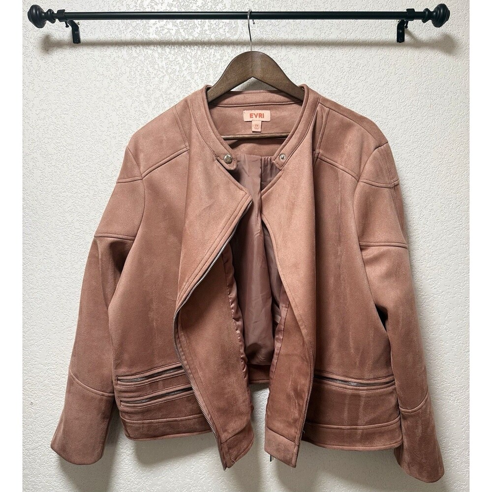 EVRI Women’s 2X Faux Suede Moto Jacket Pink Zip Biker Cropped Plus Size